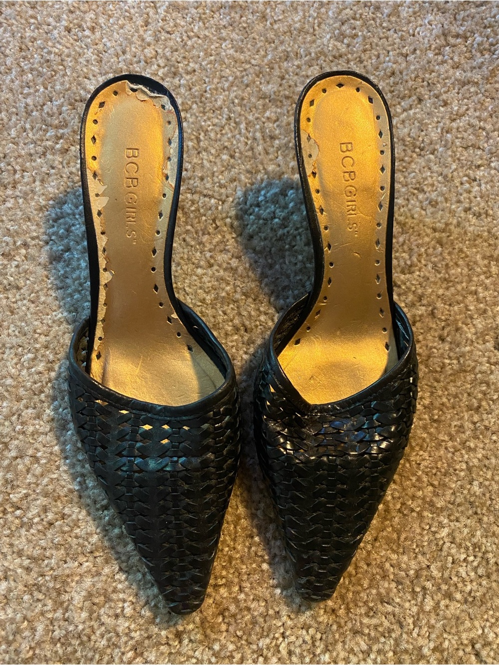 BCBGeneration Black Woven Pointed Mules with Gold Insole